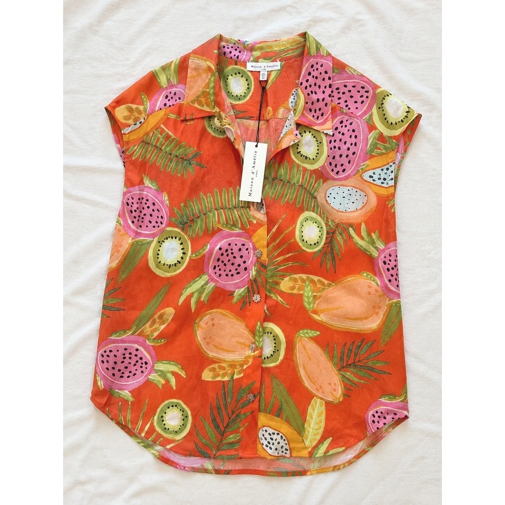 Maison d'Amélie Orange Tropical Fruit Print Button Down Cap Sleeve Shirt L NWT